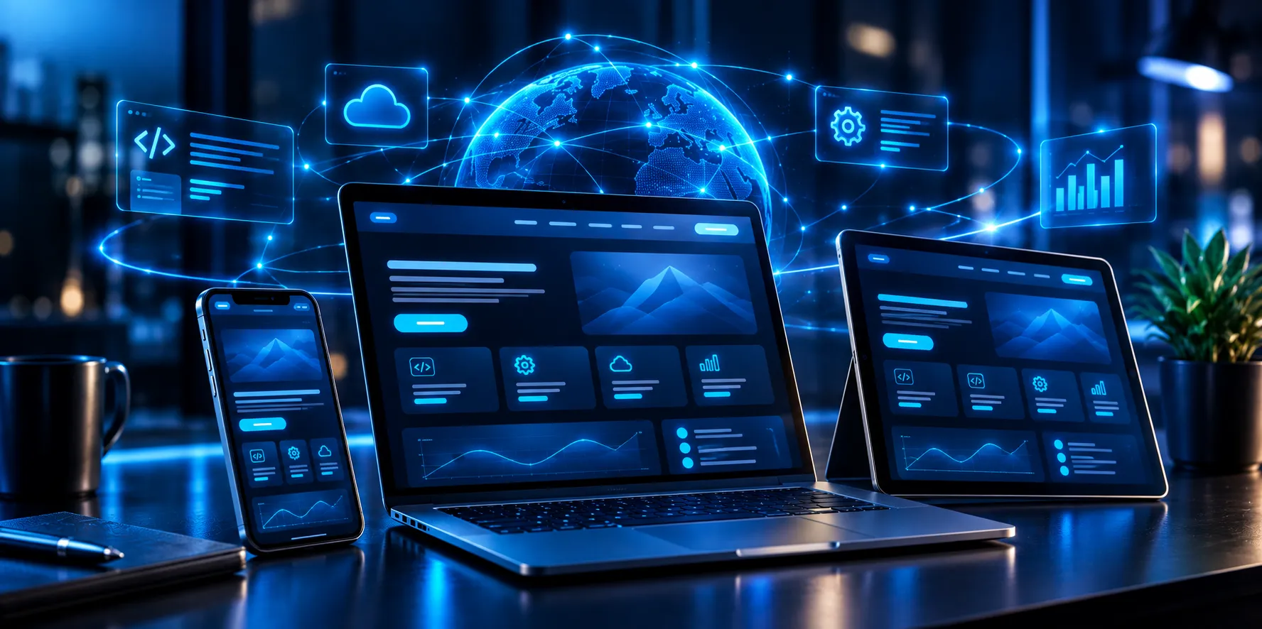 Desarrollo web y software moderno mostrado en laptop, tablet y celular